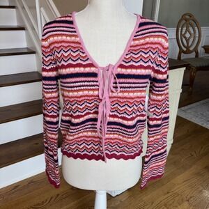 Jessica Simpson Y2K Style Crochet Knit Bell Sleeve Cropped Tie Sweater Sz Small